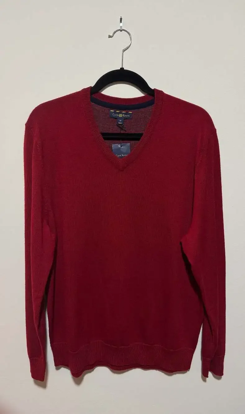 Club Room Men's Red Merino Wool Blend V-Neck Pullover Sweater Size Medium